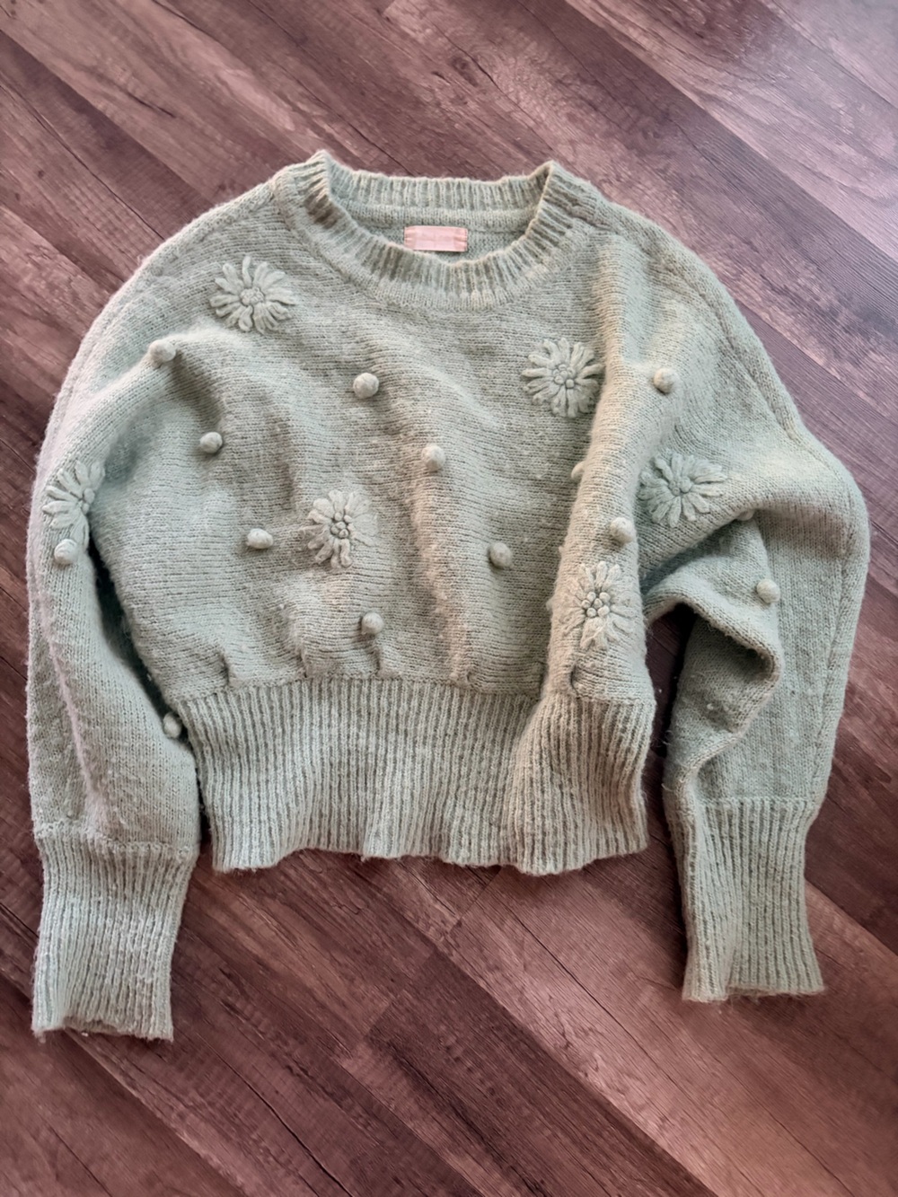 Altar’d State Soft Knit Flower Appliqué Sweater - Light Sage Green